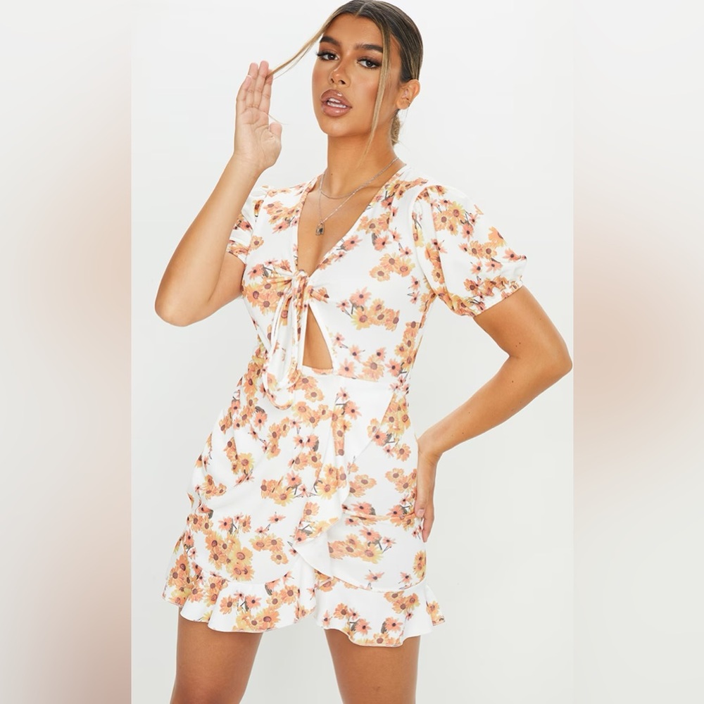 NW White Sunflower Dress, White Floral Dress, White & Yellow Floral Dress